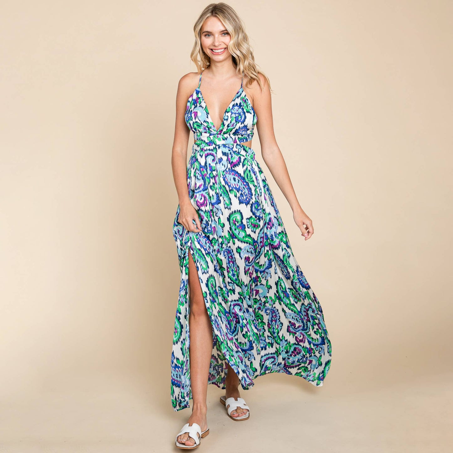 Deep V Neck Open Back Printed Boho Maxi Dress