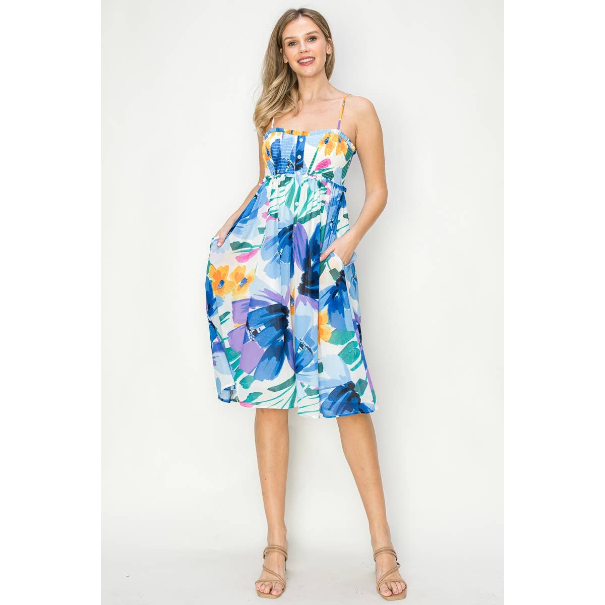 FLORAL SMOCKED CHIFFON MIDI DRESS: BLUE