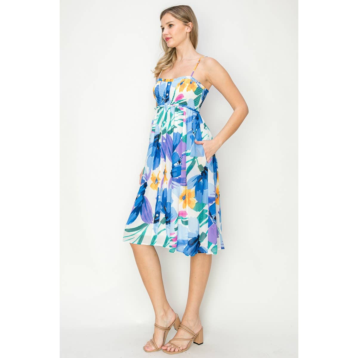 FLORAL SMOCKED CHIFFON MIDI DRESS: BLUE