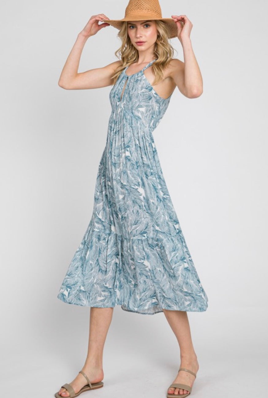 Blue Leaf Print Halter midi Dress