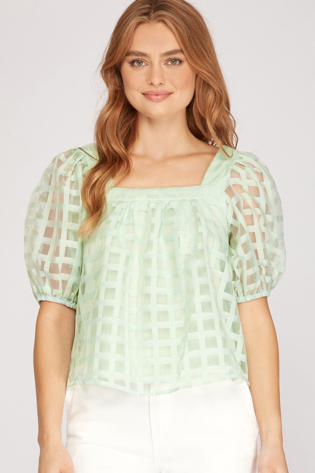 Mint Short Puff Sleeve Checkered Square Neck Top