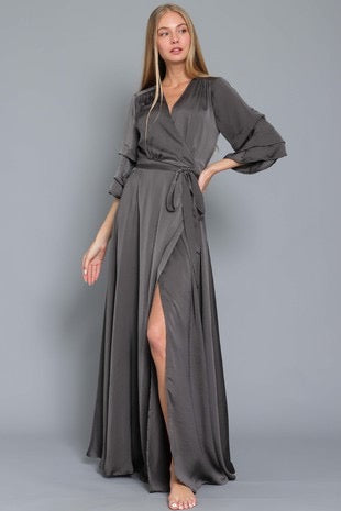 CHARCOAL LONG SLEEVE SATIN WRAP MAXI DRESS