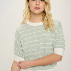 SAGE & WHITE STRIPED SHORT SLEEVE TOP