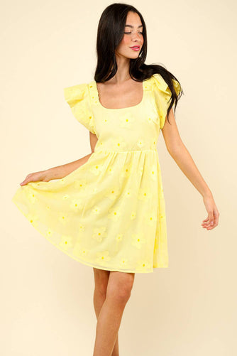Flower Embroidered Sheer Organza Mini Dress: Yellow