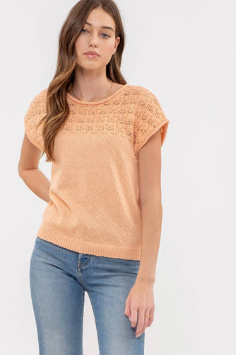 EYELET YOKE SWEATER KNIT TOP: LIGHT ORANGE