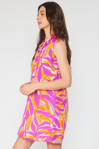 Hot Pink Multi Print Sleeveless V-Neck Dress