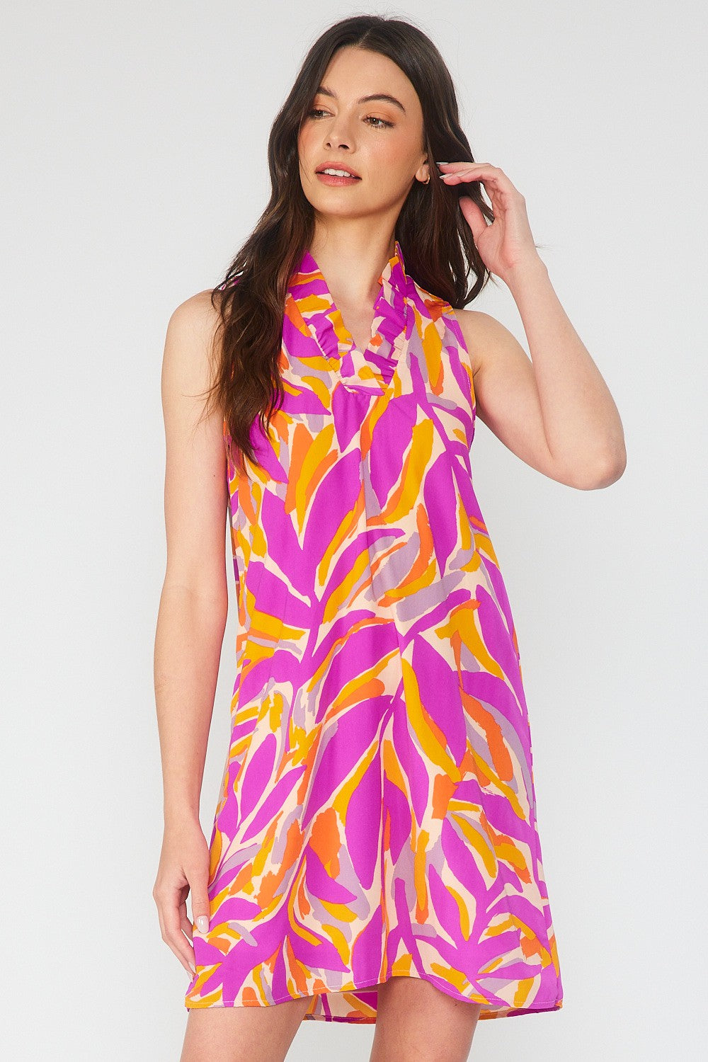 Hot Pink Multi Print Sleeveless V-Neck Dress