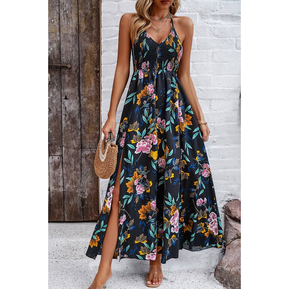 Floral Back Knot Sleeveless Ruched Side Open Dress