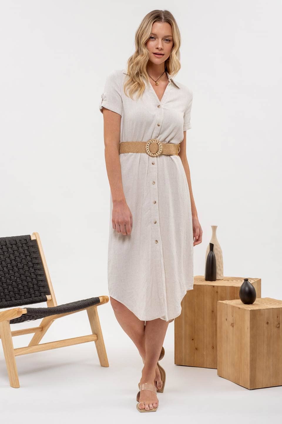 COLLARED BUTTON DOWN BELTED MIDI DRESS: NATURAL