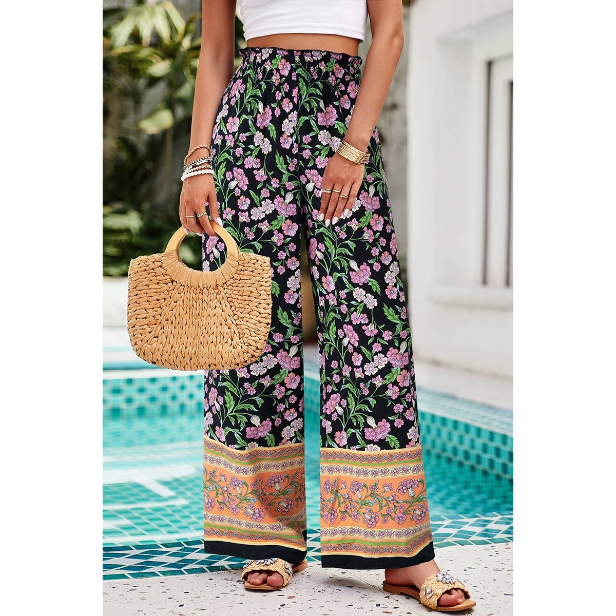 Floral Print Wide Stright Leg Pockets Elastic Pant: NAVY
