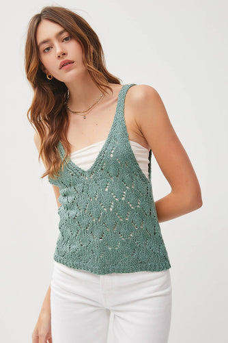 CROCHET V-NECK POINTELLE KNIT TANK: Seafoam