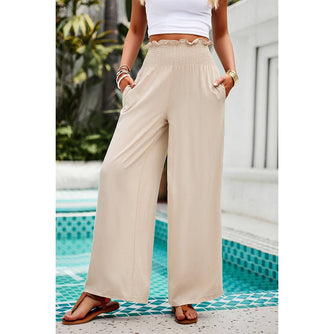 High Elastic Waist Wide Straight Leg Pockets Pants: BEIGE