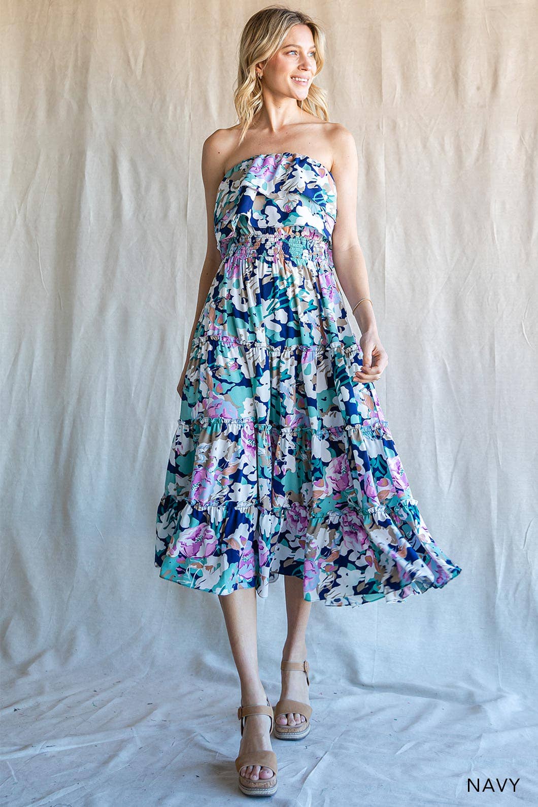 Multi Floral Printed Off Shoulder Tired Dress