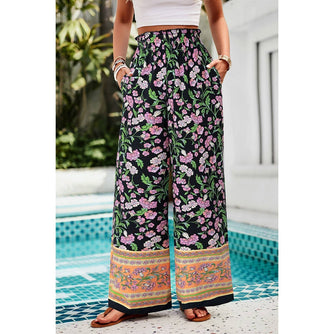 Floral Print Wide Stright Leg Pockets Elastic Pant: NAVY