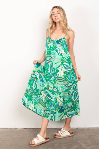 Sleeveless Tropical Printed Summer Midi Dress: GREEN MIX
