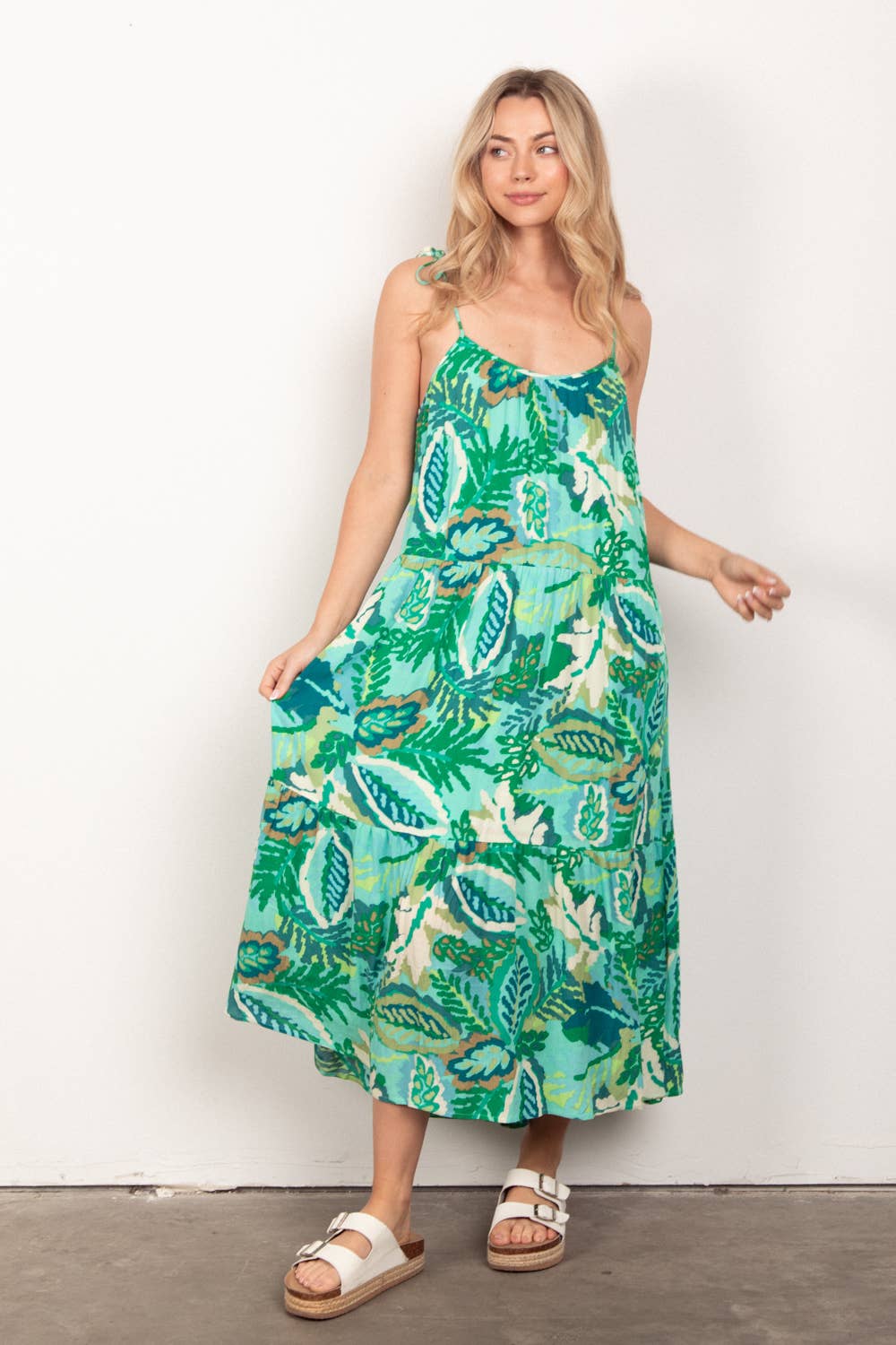 Sleeveless Tropical Printed Summer Midi Dress: GREEN MIX