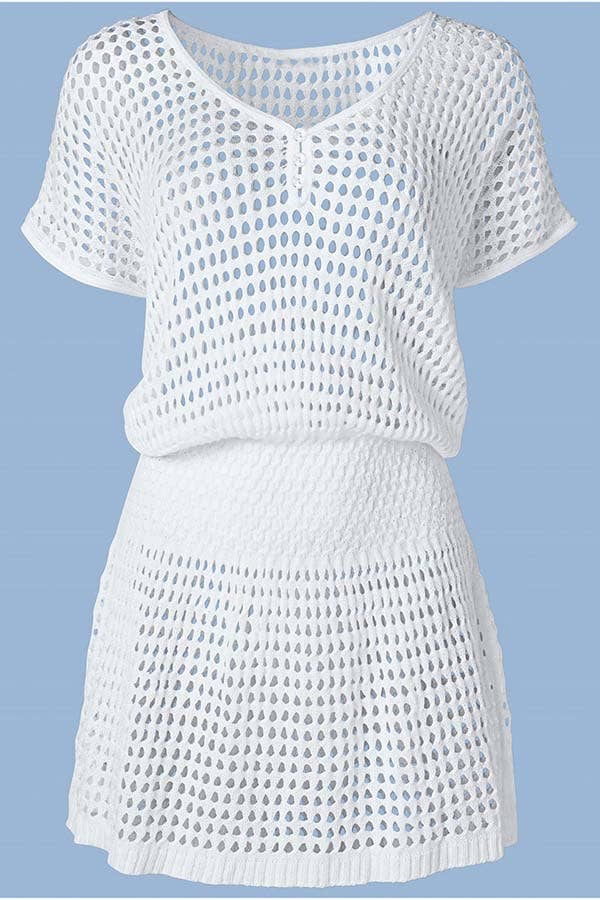 Mesh Short Sleeve Swimwear Cover Up: WHITE / ONE SIZE