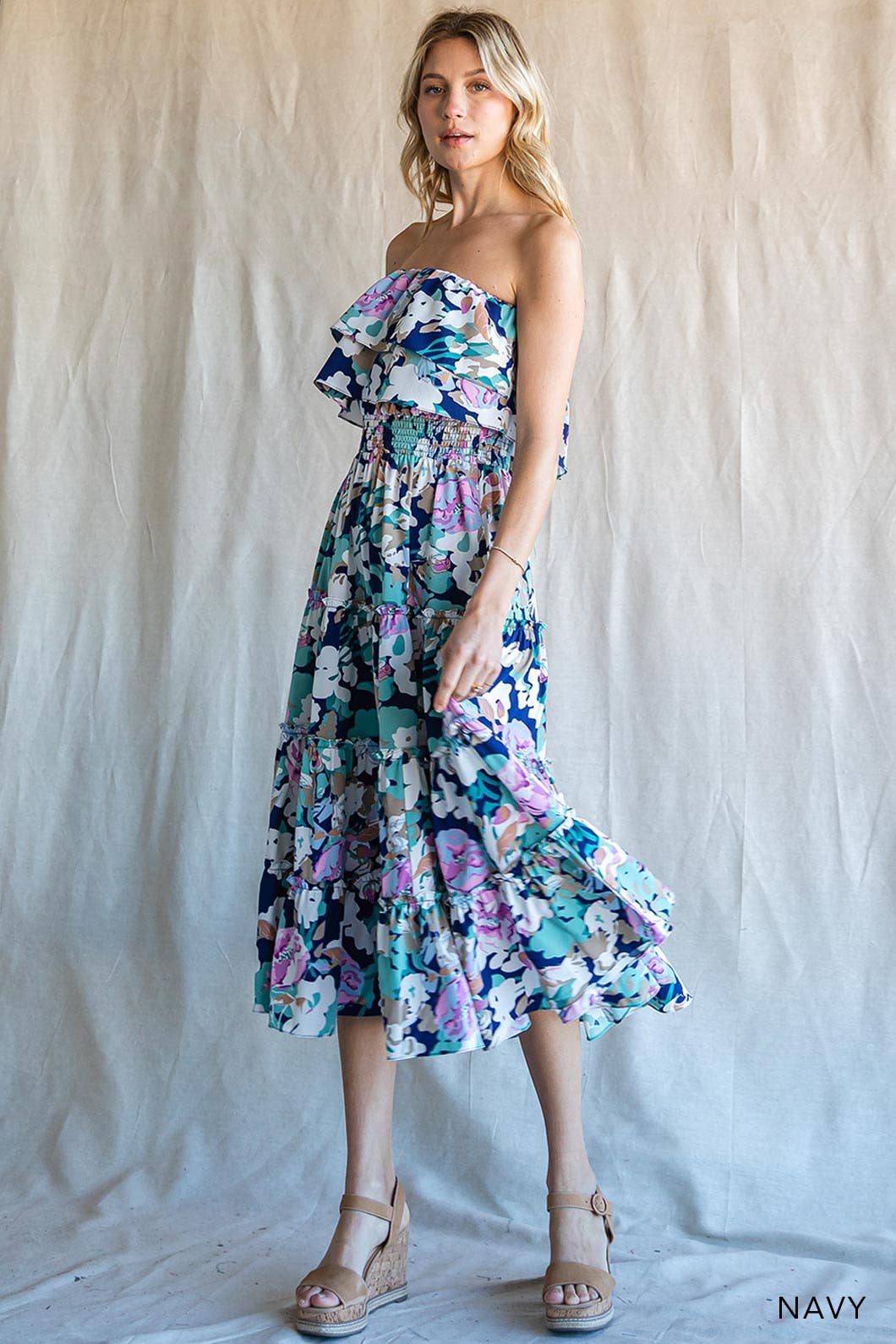 Multi Floral Printed Off Shoulder Tired Dress