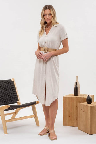 COLLARED BUTTON DOWN BELTED MIDI DRESS: NATURAL