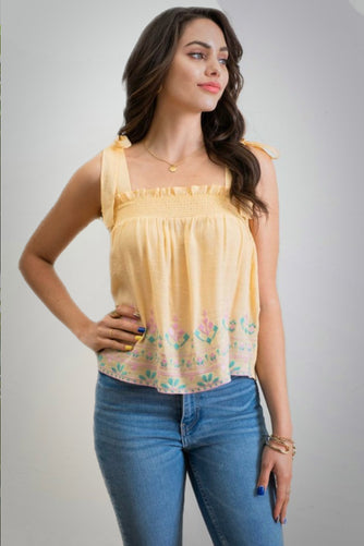 Yellow Smocked Embroidered Tank