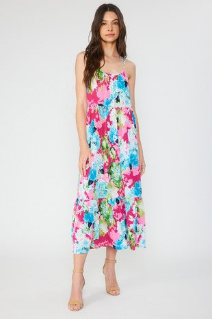 Bright Floral Print Tiered Midi Dress