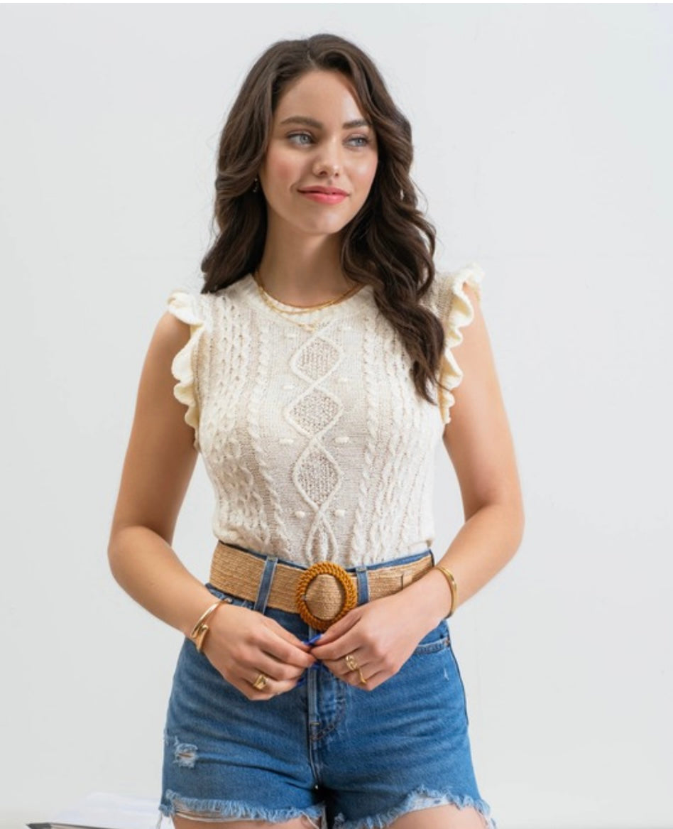 Ivory Sleeveless Cable Knit Top