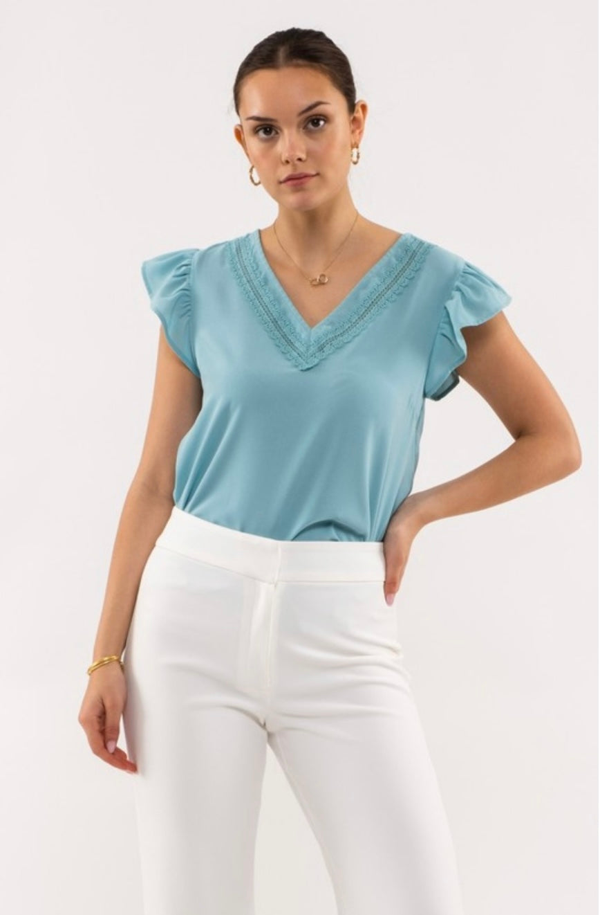 Mint Lace Edged V Neck Short Sleeve Top