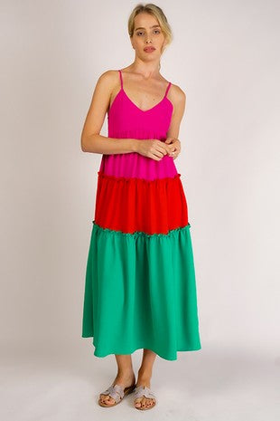 Pink/Red/Green Color Block Maxi