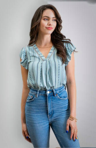 Mint Multi Stripe Ruffle Shoulder Tank