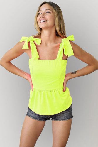 NEON YELLOW TIERED TOP WITH RIBBON TIED SHOULDER