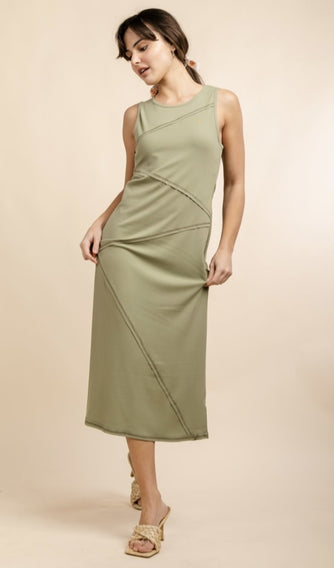 OLIVE ZIG ZAG SEAM MIDI DRESS