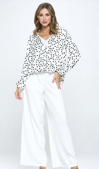 IVORY BLACK DOT WRAP LONG SLEEVE SATIN WRAP TOP