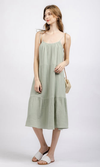 LINEN TIE STRAP TIERED MIDI DRESS