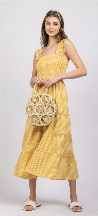 YELLOW CHECK SMOCKED TIER MIDI