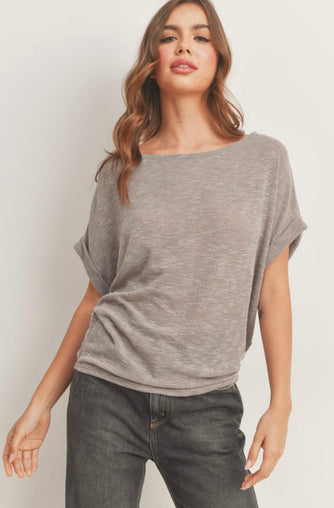 GREY LAVENDER SHORT SLEEVE WIDE NECK TOP