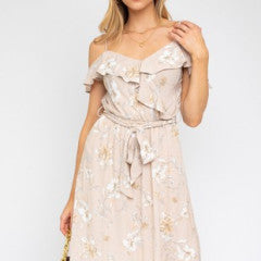 TAUPE FLORAL OFF SHOULDER RUFFLE DRESS