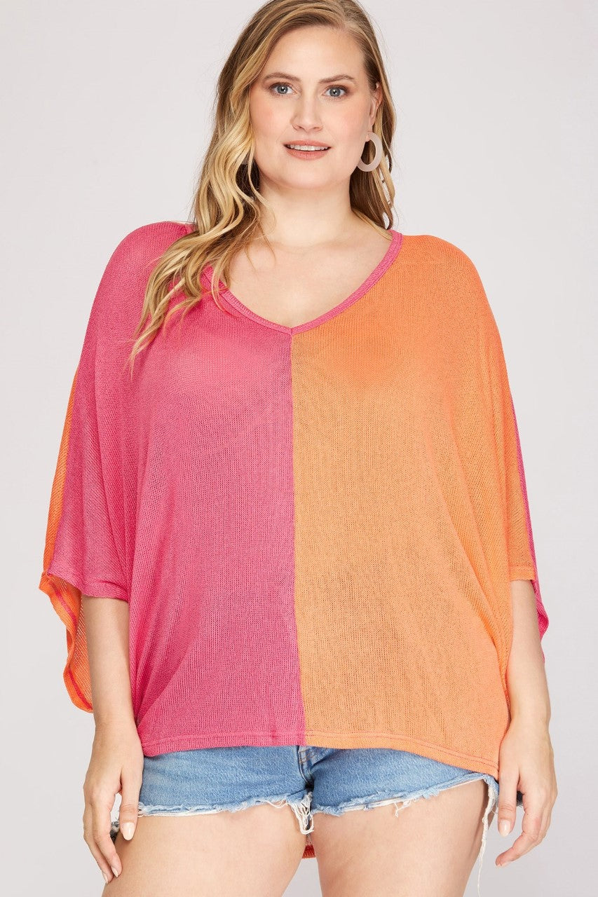 Pink/Apricot Short Sleeve Color Block Top