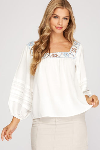 3/4 Sleeve Embroidered Square Neck Top